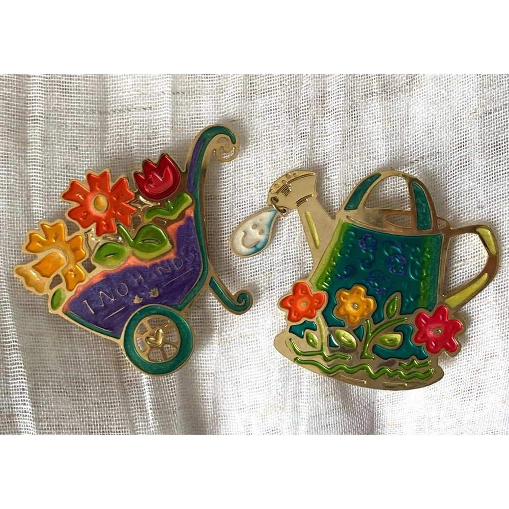 Vintage Metal & Enamel 2-Piece Garden Brooch Bundle from Two Hands